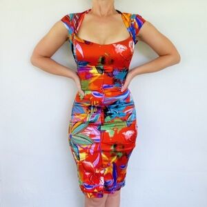 Cache silk orange colorful tropical floral cap sleeve backless bodycon dress 2